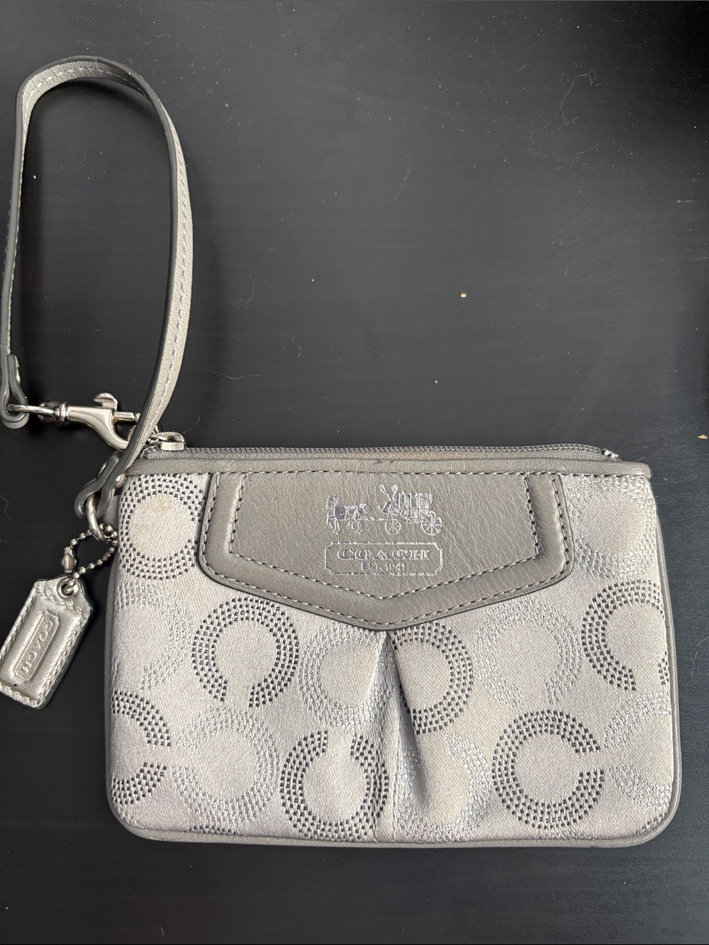 Coach Metallic Silver Signature Wristlet Pouch